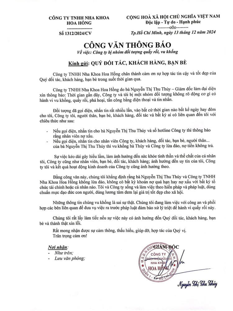 Thông báo về việc: Công ty bị nhóm đối tượng quấy rối, vu khống